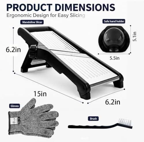 WELTONHM Mandoline Slicer, Adjustable Mandoline Slicer for Kitchen, Stainless Steel Mandolin Vegetable Chopper for Potato, Julienne Cutter with Cut-Resistant Gloves, Black