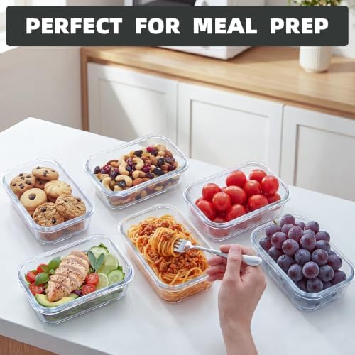 6-Pack 22oz Glass Meal Prep Containers with Lids, Airtight Leakproof Snap Lock Food Storage, Freezer, Microwave, Oven & Dishwasher Safe Bento Boxes for Meal Prepping, Grey