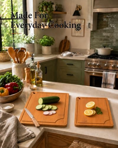 Extra Large and Large Cutting Board Set of 2, Bamboo Non Toxic Cutting Board Set with Deep Juice Groove Side Handles, Wood Cutting Boards for Kitchen,Charcuterie, Meat, Vegetables and Fruit