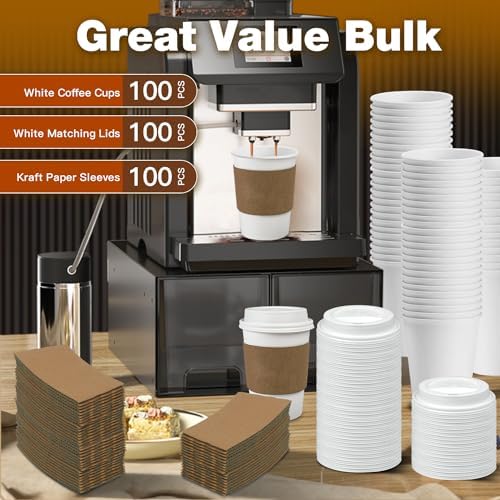 Ginkgo 100 Pack 12 oz Leak-Proof Coffee Cups with Lids and Sleeves