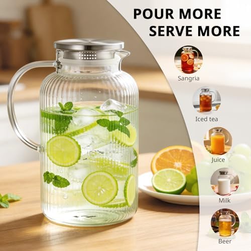 Bivvclaz 1 Gallon Glass Pitcher with Lid and Handle, Stripes Water Pitcher for Fridge, Borosilicate Glass Carafe for Hot/Cold Drink, Extra Large Jug for Iced Tea, Coffee, Juice, Homemade Beverage