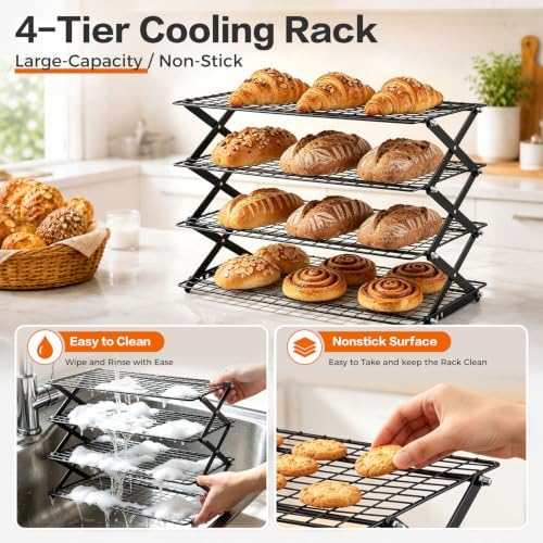 P&P CHEF 4 Tier Collapsible Cooling Racks, Stackable Bakers Rack,Black