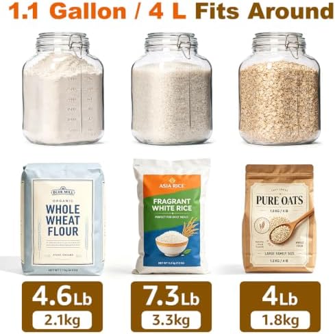 Large Square Glass Jars with Airtight Lids 1.1 Gallon Wide Mouth