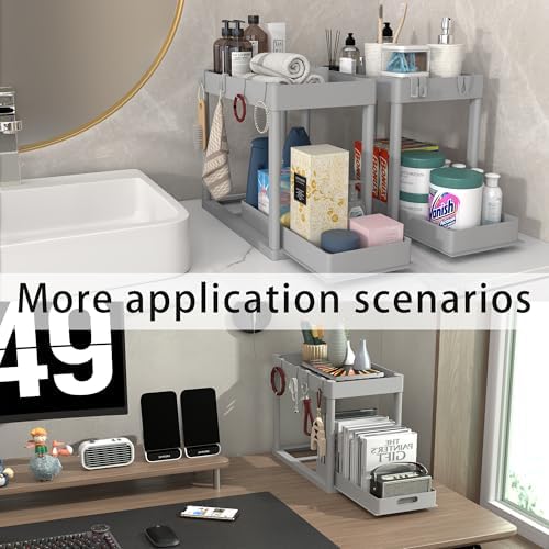 2PC Under Sink Organizer Rack 2 Tier Under Sliding Cabinet Basket Organizer Drawer with 4 Hooks, Multi-purpose Under Sink Storage for Bathroom Kitchen Desktop(Grey)