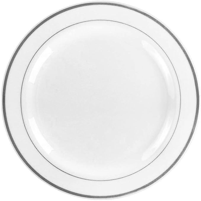 Silver Plastic Plates, MCIRCO 100 Pcs Disposable Party Plates for Weddings, Premium Silver Rim Plates, Include 50 10.25 Inch Dinner Plates and 50 7.5 Inch Dessert Appetizer Plates