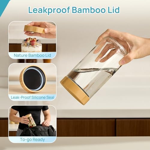 Vtopmart 4 Pack 24oz Glass Overnight Oats Containers with Bamboo Lids