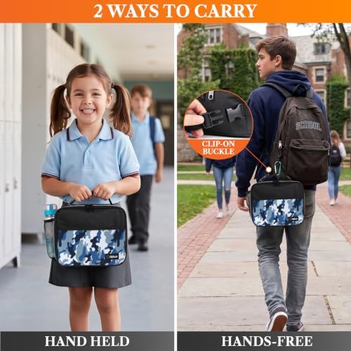 opux Insulated Lunch Bag for Kids, Reusable Lunch Box for School, Camo Blue