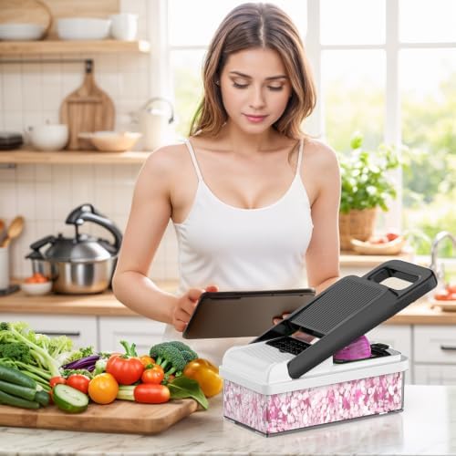12-in-1 Vegetable Chopper 7 Blades, Veggie Cutter with Handle, Black/White