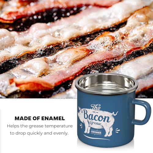 Bacon Grease Container with Strainer-15OZ Enamel Saver, Dishwasher Safe