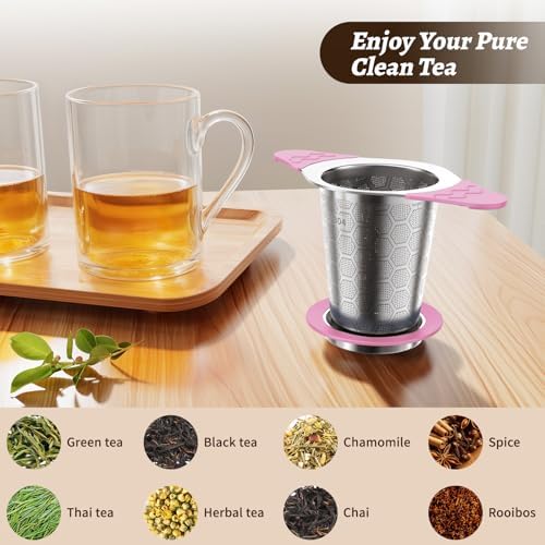 Tea Infuser for Loose Leaf Tea,18/8 Stainless Steel Tea Infuser with Heat Proof Silicone Handles,Extra Fine Mesh Tea Strainers Filter Fine Tea Leaves Effectively,Fits TeaPots/Mugs-Pink