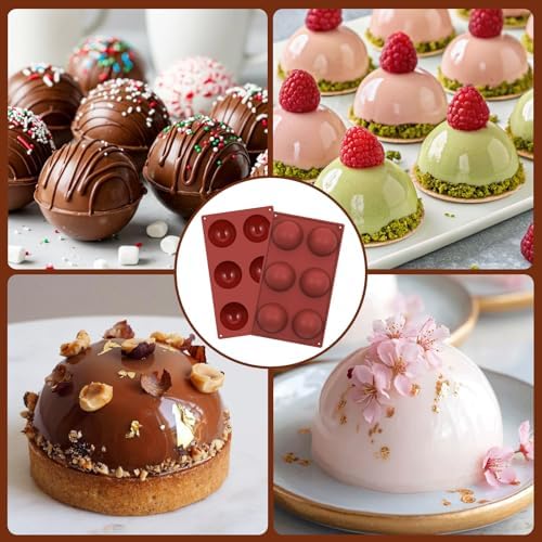 6 Holes Silicone Hot Chocolate Bomb Molds, 2 Packs Large Semi Sphere Mold 2.7" Half Sphere Silicone Baking Molds for Making Chocolate, Cake, Jelly, Dome Mousse