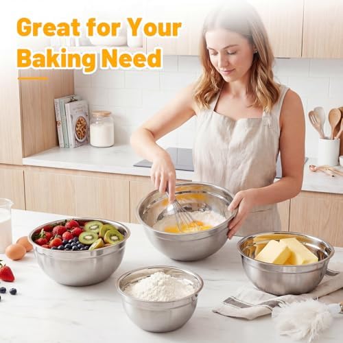 Beasea Stainless Steel Mixing Bowl Set of 3, 5 QT Large Stackable Mixing Bowls with Lids Set, Metal Nesting Bowl with Lid for Baking, Prepping, Salad, Serving, Kitchen Food Storing