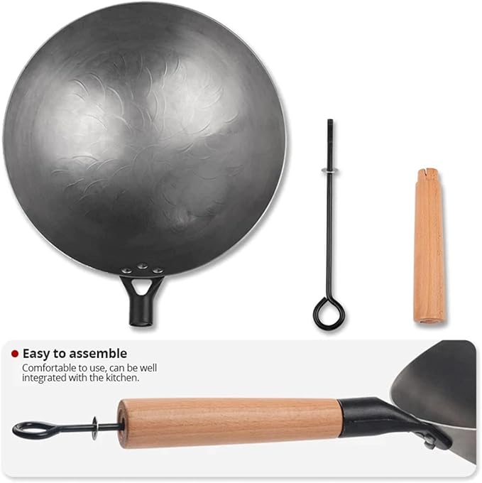 Carbon Steel Wok Pan, Stir Fry Pans, 13 Inch Wok Pan with Support Ring and Spatula, Nonstick Woks and Stir-fry Pans, No Chemical Coated Round Bottom Chinese Wok for Electric, Gas, All Stoves