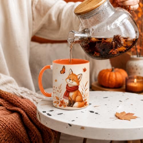 Hyturtle Fall Fox Coffee Mug And Keychain - Cute Fox Gift For Women - Autumn Animals For Lovers - Maple Leaf Animals Present For Her - Thanksgiving Decor - Coffee Cup Ceramic Mug 11 Oz