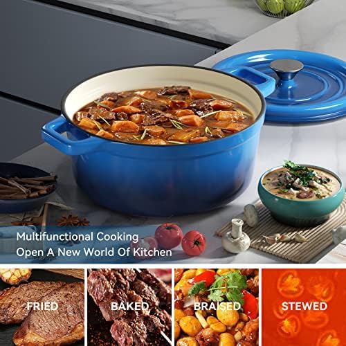 Miereirl 6.5 Quart Enameled Dutch Oven Pot with Lid, Cast Iron Dutch Oven with Dual Handles for Bread Baking, Cooking, Non-stick Enamel Coated Cookware (Dark Blue)