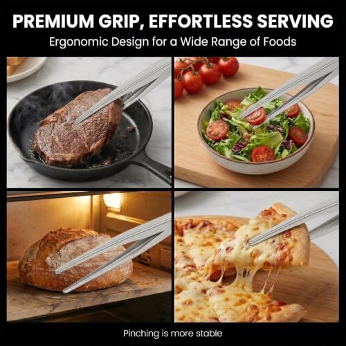 Stainless Steel Tongs 2-Pack, 11-inch Pull-Ring Locking Cooking Tongs with Non-Slip Precision Serrated Tips, Food Grade Heavy Duty Grill Tongs for BBQ, Air Fryer, Bacon, Steaks, Cooking