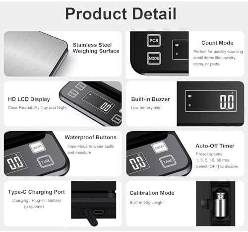Waterproof Digital Kitchen Scale 0.1g/0.001oz Precision, Stainless Steel Electronic Scale with 3 Power Options (Rechargeable/AAA/Built-in), 10 Units Conversion, Smart Standby, 5kg/11lb Capacity