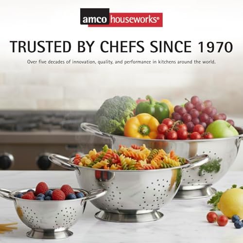 Amco 3-Piece Stainless Steel Colander Set, 1.5 Qt, 3 Qt & 5 Qt - Silver