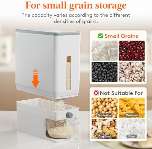 Lifewit Rice Container 29 Lbs, One-Press Dispenser with Measuring Cup 2 Pcs