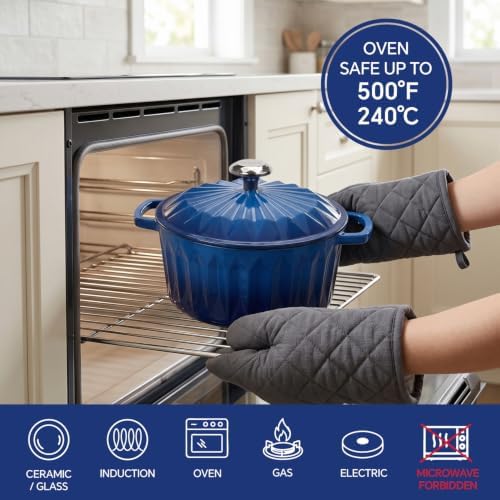 HITROCK Enameled Cast Iron Dutch Oven Pot with Lid,4.9 Quarts Enamel Cast iron Pot with Cotton Potholders for Bread Baking, Braising, Stews, Roasting, Diamond-Inspired Design, Oven Safe up to 500° F, Blue