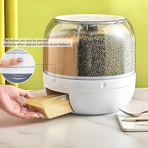 Rotating Grain Storage Bin 6 Grids Rice Container One-Click Output Large Capacity Food Dispenser For Rice Grains Sealed Moisture Proof Organizer (Grey) (Small)