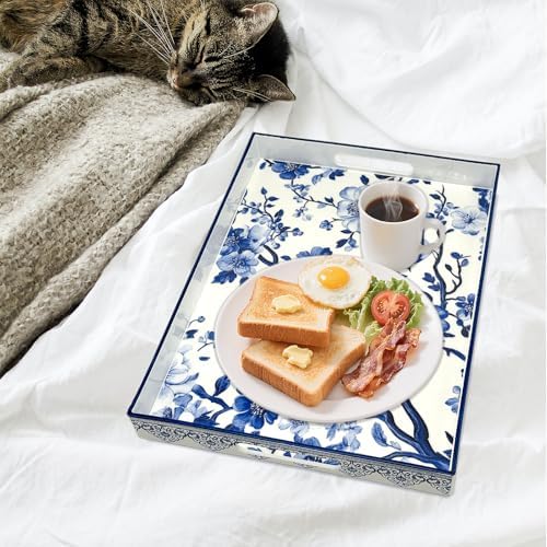 Serving Tray with Handles, 15.7 * 11.8 inches, Plastic Ottoman Tray with Exquisite Paintings, Trays for Coffee Table