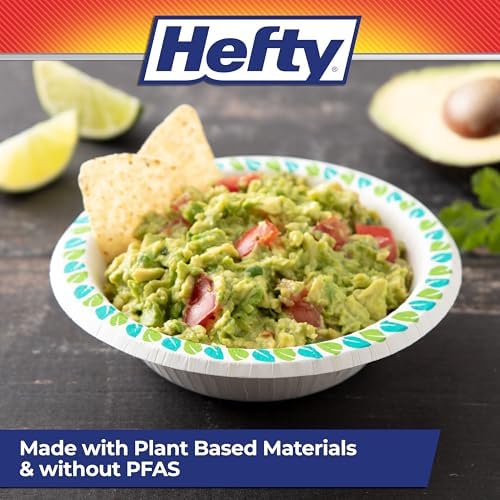 Hefty Compostable Paper Bowls, 12 oz, 30 Count, Patterned Disposable Bowls for BBQs, Parties, Holidays, and Everyday Use, Soak-Resistant, Made with Plant-Based Materials, Microwave Safe (Pack of 2)