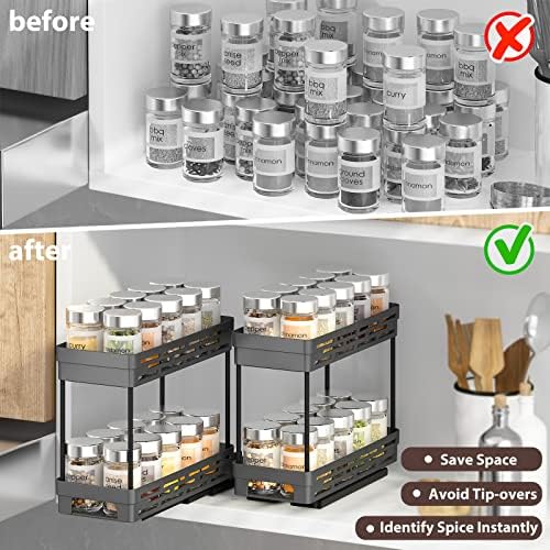 2 Pack Pull Out Spice Rack Organizer for Cabinet, Slide Out Spice Racks Organizer, Spice Cabinet Organizers, Cabinet Size Need:12'' Highx11'' Deepx5'' Wide,Hold 10 Spice Jar Each Tier-2Tier, Black