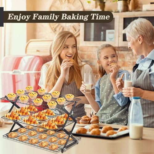 Pleafind 3 Tier Collapsible Cooling Rack - 4 Setting Design, Adjustable & Stackable Baking Rack with X-Shaped Design and Leak-Proof Mesh Surface, Cooling Racks for Cooking and Baking, Dishwasher Safe