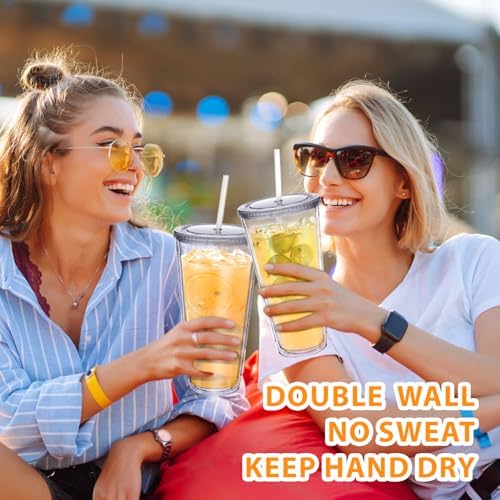 Zukro Clear Double Wall Plastic Tumbler with Lid and Straw 32 oz, 2 Pack