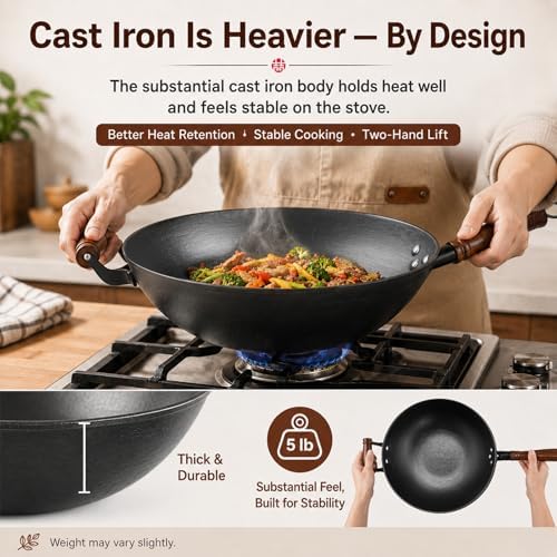 WANGYUANJI 14.2 Inch Cast Iron Wok with Wooden Lid & Handle, Flat Bottom Stir Fry Wok Pan, Turtle-Pattern Textured Uncoated Large Wok Skillet for Induction, Gas & Electric (Seasoning Required)