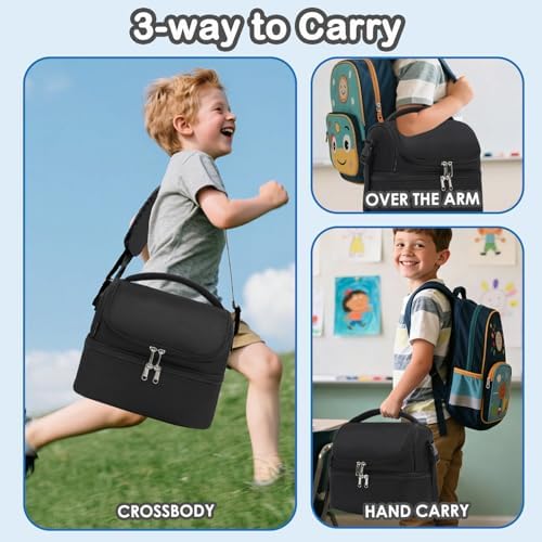 FlowFly Double Decker Cooler Insulated Lunch Bag Large Tote for Boys, Girls, Men, Women, With Adjustable Strap,Black