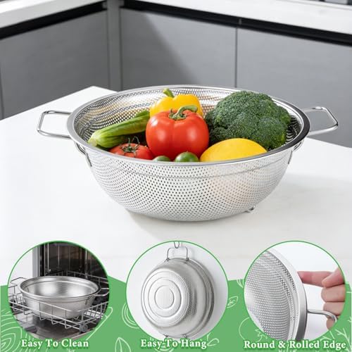 Stainless Steel Colander Set of 3, 18/8 Food Grade Steel Kitchen Strainers, 2, 3 & 5 Quart Metal Pasta Strainers with Welded Handles, Non-Slip Feet, 2.5mm Precision Holes, Dishwasher Safe
