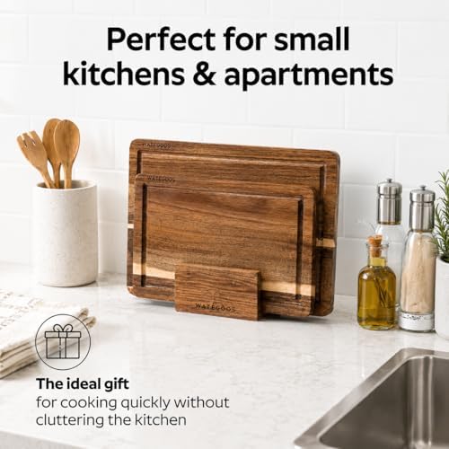 Acacia Wood Cutting Boards for Kitchen, Non-Toxic Cutting Board Set of 2, Chopping Boards with Deep Juice Groove for Meat, Cheese & Vegetables - Eco-Friendly & Medium & Small Sizes