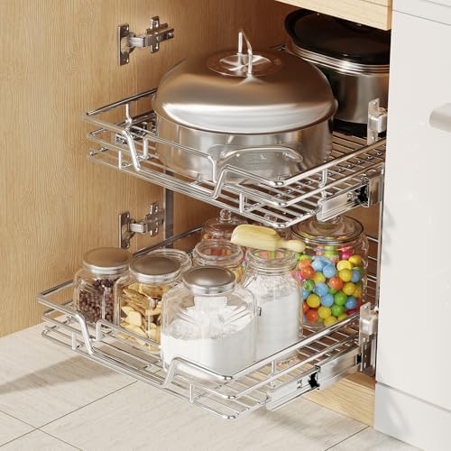 2-Tier Kitchen Cabinet Pull Out Shelf and Drawer Organizer Slide Out Pantry Storaqe Basket in Multiple Sizes (21" W x 21" D,)