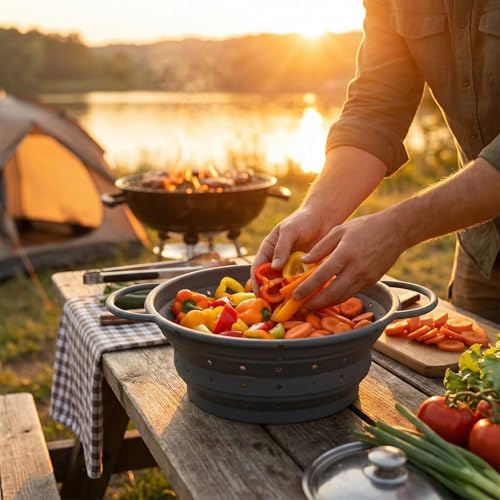 Collapsible Silicone Colander with Handles, Round Strainer with Stainless Steel Rim, Space Saving Kitchen Tool for Fruits & Vegetables,BPA-Free,Heat-Resistant Pasta Drainer (Gray, S)