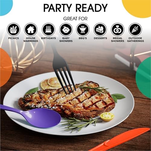 Party Solids Halloween Plastic Silverware Heavy Duty 150 Pieces Halloween Plastic Cutlery Sets Utensil Sets 50 of Each Forks Knives & Spoons Disposable Cutlery Set Flatware Set for Party Supplies
