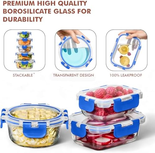 Razab 30 PC Glass Food Storage Containers with Lids - Reusable Glass Meal Prep Containers for Lunch and Leftovers - Airtight & Leakproof Snap Locking Lids - Oven, Freezer, Microwave, Dishwasher Safe