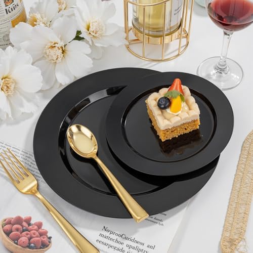 FLOWERCAT 200PCS Black Plastic Disposable Plates for Party - 10 "&7" Black Plastic Plates - Serve for 100 Guests for Summer Party & Birthday & Wedding&Halloween