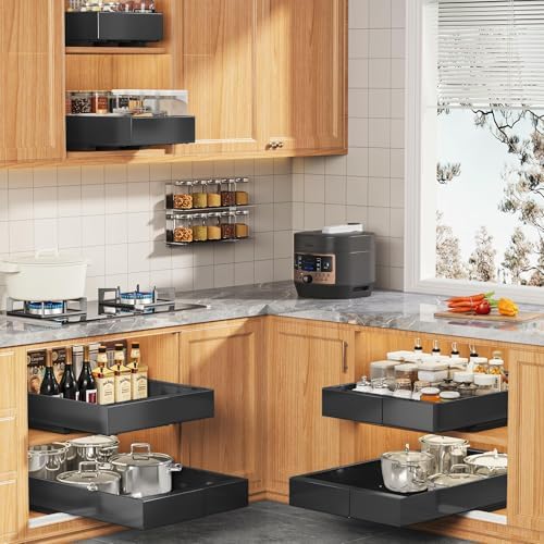 Seinloes 4 Pack Expandable Pull Out Cabinet Organizer 21" Deep with Raising Pad for Framed Cabinets,Upgrade 3 Slide Rails Slide Out Drawers,Roll Out Shelves Adhesive,Adjustable Width 9"-14.1" Black