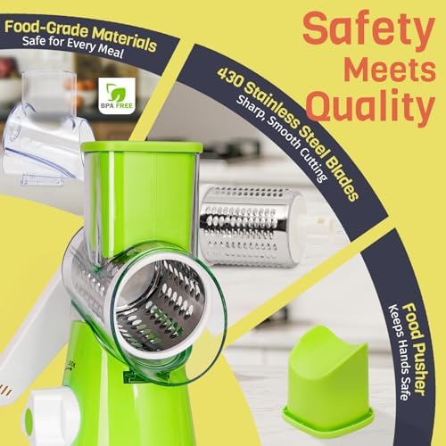 Rotary Cheese Grater Hand Crank, 3 Blades Slicer Shredder, Cheese Grater for Kitchen, Multi-Functional Kitchen Tool for Vegetables, Nuts, Chocolate, with Strong Suction Base, Green