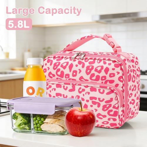 FlowFly Kids Lunch box with buckle Insulated Cooler Back to School Thermal Meal Tote Kit for Girls, Boys, Pink Cow