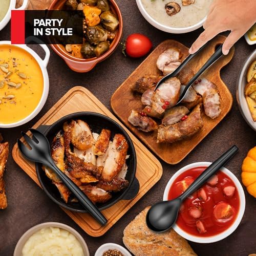 18 Count Disposable Serving Utensils, Black Plastic Serving Utensils Set for Catering Weddings, Holiday Parties, and More, Disposable Serving Spoons for Buffet, Party Utensils, Stock Your Home