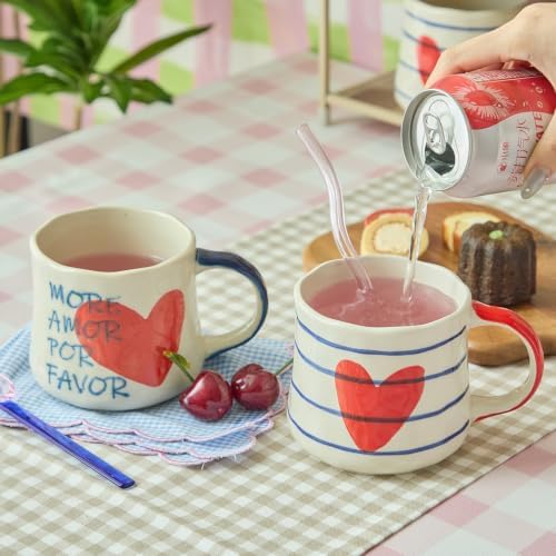 16oz Hand-painted Heart and Stripe Ceramic Mug Set of 4, Large Capacity Tea Milk Coffee Cups, Romantic Valentine Birthday Housewarming Gift for Women Coffee Lovers, Microwave & Dishwasher Safe