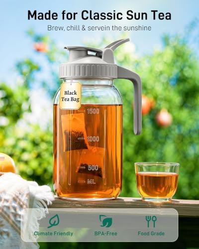 64 oz Mason Jar Pitcher, Glass Pitcher with Lid for Sun Tea & Iced Tea