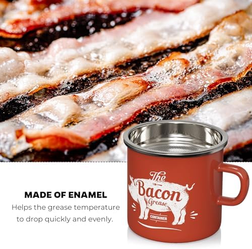 Bacon Grease Container with Strainer-15OZ Enamel Saver, Dishwasher Safe