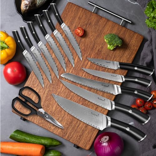 KUISINE 14-Piece Damascus Knife Set with Block, Ultra Sharp