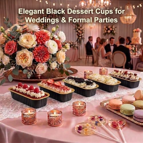 YQER 100 Pack Black Mini Cake Pans with Lids and Spoons, 6.8 oz Disposable Aluminum Foil Mini Loaf Pans with Stickers, Elegant Dessert Cake Tins Containers for Wedding, Parties, Bake Sales and Gifts