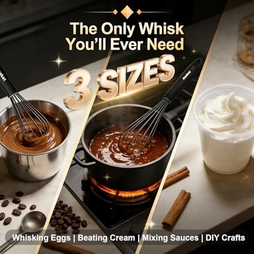 Anaeat Silicone Balloon Whisk, Perfect for Non-Stick Cookware, Milk and Egg Beater Blender, Heat Resistant Kitchen Whisks for Whisking, Cooking, Baking, Beating, Frothing & Stirring (Black)