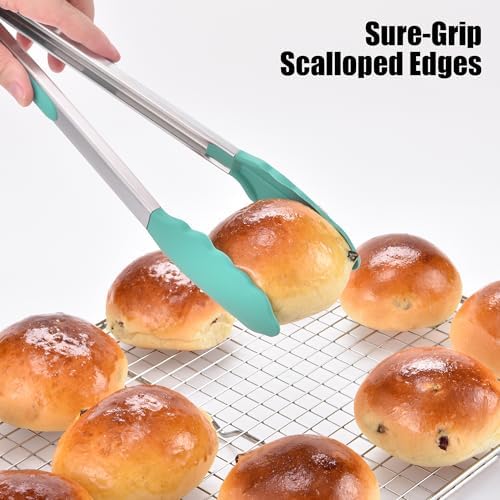 Doosu Kitchen Tongs with Silicone Tips for Cooking Serving (12in, Aqua Sky)